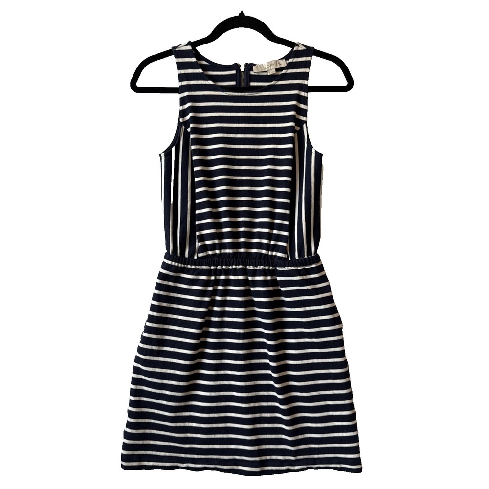 Loft Navy Blue Striped Sleeveless Knit Pocket Mini Dress XS Nautical Preppy Chic